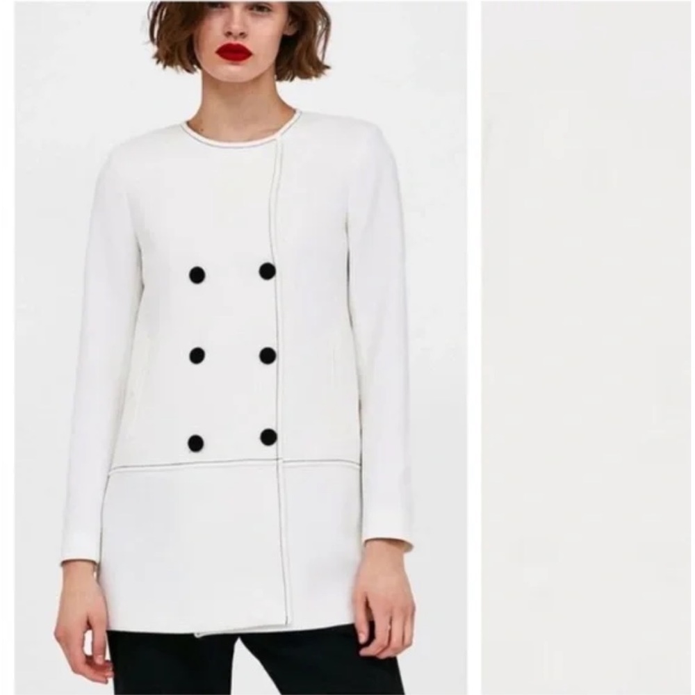 Zara Black Thread White Blazer Coat w/ Big Black Buttons Size XS NEW